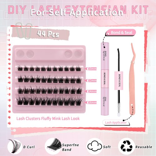 Eyelash Extension Kit Fluffy DIY Lash Clusters Kit Individual Cluster Lashes Kit with Strong Hold Lash Bond and Seal and Lash Applicator 10-16MM MiX Cluster Eyelashes DIY at Home, by TIMELYBS