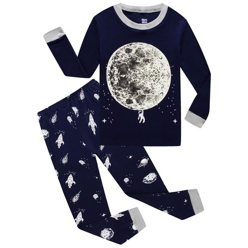 KikizYe Big Boys Glow in the Dark Moon Space Long Sleeve Pajamas 100% Cotton Sleepwear Size 14