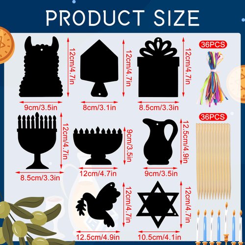 JULMELON Hanukkah Scratch Art, 36 PCS Hanukkah Craft Kits for Kids Rainbow Magic Scratch Art Chanukah Hanging Ornaments Scratch Paper for Hanukkah Decorations Kids Party Games Toys Gifts
