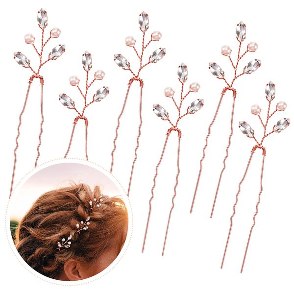 6 Pieces Pearl Crystal Bridal Hair Pins Rhinestone Flower Wedding Hair Piece Vintage Hair Accessory Party Hair Pins for Bride, Bridesmaids, Flower Girls (Rose Gold)