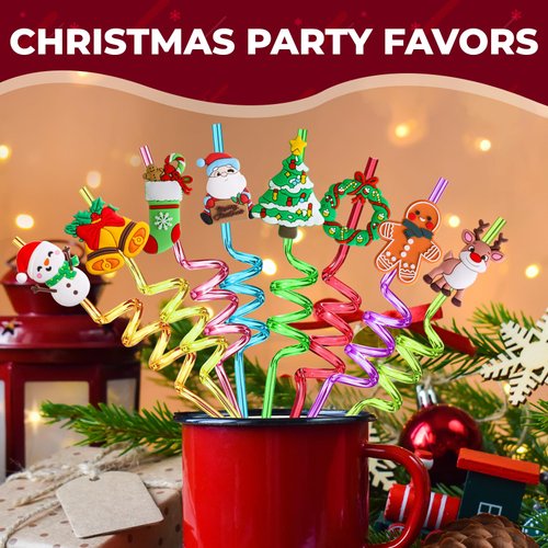 Christmas Party Favors for Kids Bulk, Christmas Straws for Kids Plastic, Christmas Party Favors for Kids Goodie Bags, Christmas School Party Favors for Kids, 24 Christmas Straws & 2 Cleaning Brushes