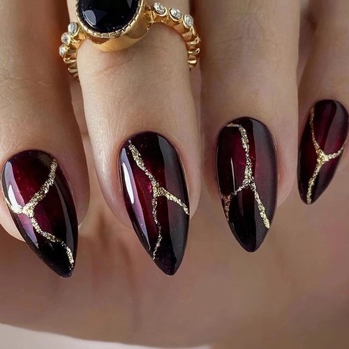 MISUD Medium Stiletto Press on Nails Almond Fake Nails Glossy Glue on Nails Black Red Ombre Acrylic Nails Goth Punk Artificial Nails Bling Gold Glitter Line Stick on False Nails with Design 24 pcs