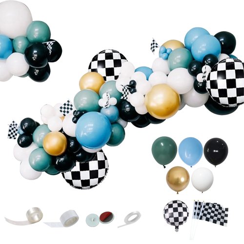 MYDECORBL Race Car Balloons Garland Kit,88Pcs Retro Willow Green Matte Light Blue Black White Chrome Gold Balloons Tracking Flag for Racing Car Birthday Theme Party Decorations Supplies