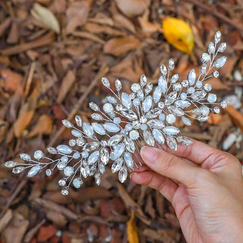 Catery Crystal Bride Wedding Hair Comb Silver Rhinestones Hair Clip Bridal Side Combs Hair Piece Opal Headpiece Hair Accessories for Women and Girls (A Silver)