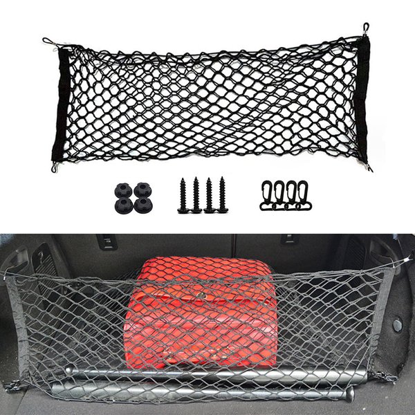 QODOLSI 1 PC Car Trunk Luggage Net, 3.6Ft x 1.3Ft Adjustable Elastic Truck Cargo Storage Net with Installation Tool, Universal Vehicle Organizer Accessories for SUVs Cars RVs Trailer (Black)