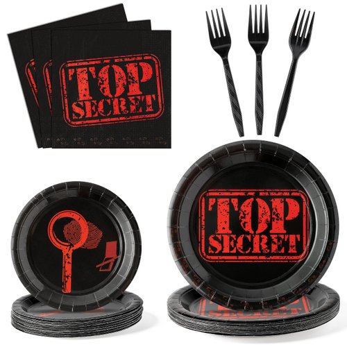 G1ngtar 96Pcs Top Secret Party Plates Supplies Secret Agent Spy Detective Party Tableware Decorations Escape Room Disposable Paper Plates Napkins Forks for Kids Birthday Baby Shower, Serves 24 Guests