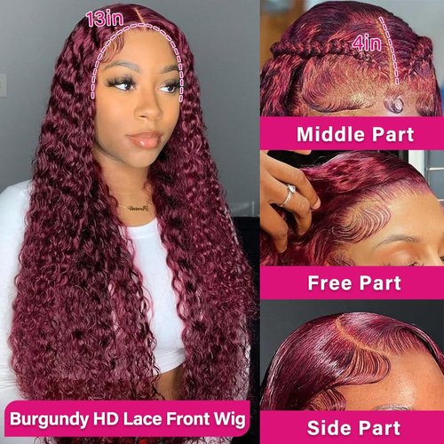 VELOMA 99J Burgundy Deep Wave Lace Front Wigs Human Hair 13x4 HD Lace Frontal Wigs Human Hair Lace Front Wigs Pre Plucked 99j Burgundy Deep Curly Wigs Human Hair Wigs For Women 180% Density 24 Inch