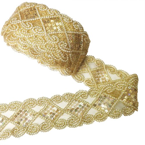 levylisa 10 Yards Beaded Lace Trim Sequins Lace Mesh Trim Lace Ribbon Applique Sewing Craft Supplies (Gold)