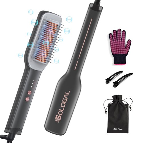SDLOGAL Hair Straightener Brush, Hair Straightener Comb Straightening Brush for Women, with 5 Temps & Fast Heating, Easy and Fast Salon-Style, Built-in Double Ionic Generators-(Black)