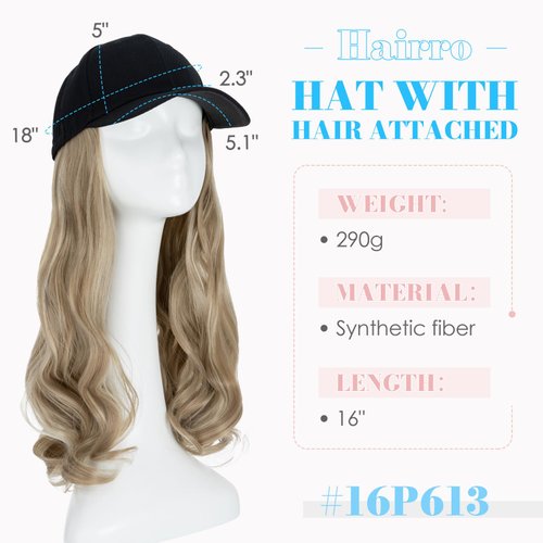 Hairro Baseball Cap with Hair Extensions Synthetic Hair Wig Baseball Hat with Hair Attached Adjustable Wave Hairpiece With Baseball Hat Cap Wig for Women #16P613 sandy blonde mix bleach blonde