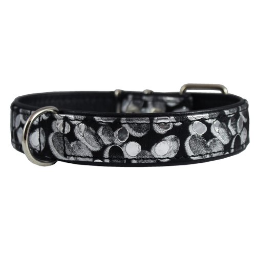 Black Genuine Leather Silver Print Dog Collar 20"x1.25" Fits 14"-18.5" Neck