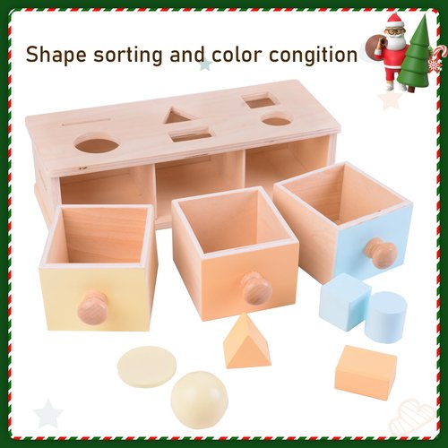 MORITECK Montessori 3 in 1 Object Permanence Box Coin Box Shape Sorter for 8 Months up Baby Wooden Toy for Boy Girls Christmas Birthday Gift