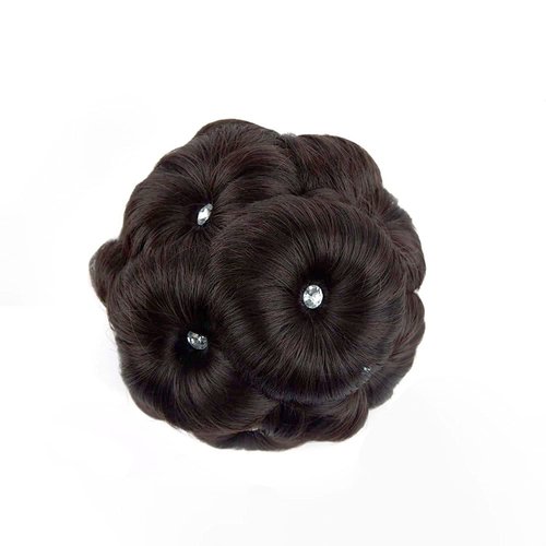 REOU Clip in Hair Bun,Hair Chignon Pony Tail Wavy Hairpieces with Rhinstone (Brown mixed Black)