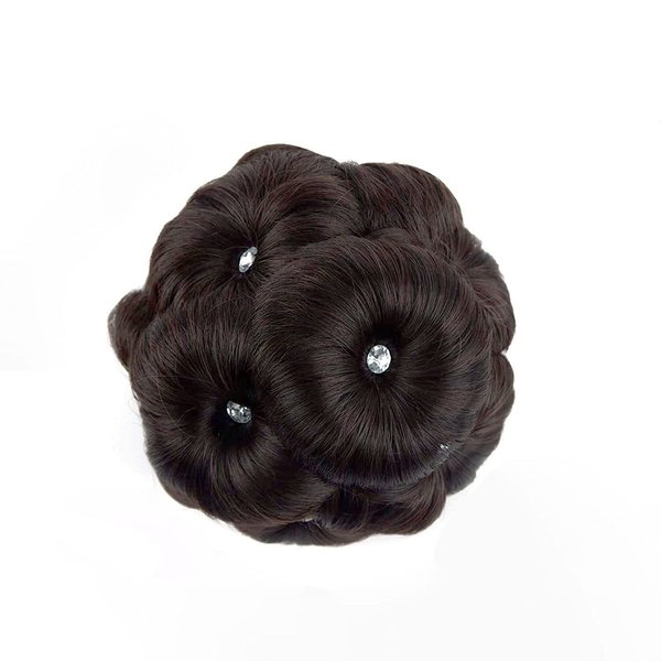 REOU Clip in Hair Bun,Hair Chignon Pony Tail Wavy Hairpieces with Rhinstone (Brown mixed Black)
