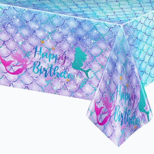 DaiUni 1PCS Mermaid Birthday Tablecloth for Birthday Party Decoration, Plastic Disposable Rectangle Table Cover for Kids Girls Party Supplies, 54" x 108"