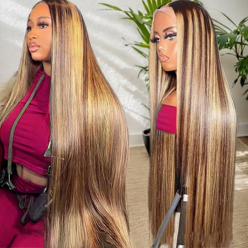 ALLRUN Highlight Lace Front Wig Human Hair 13x6 Highlight Wigs Human Hair Straight P4/27 Highlight Ombre Human Hair Honey Blonde Wig Hd Lace Front Wigs Pre-Plucked With Baby Hair 24 Inch