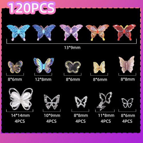 120Pcs 3D Silver Butterfly Nail Stud Gems Crystal Charms, Butterfly Acrylic Nails Art Charms Butterfly Colors Crystal Rhinestones Charms Set for Nail Stones Design DIY Decoration