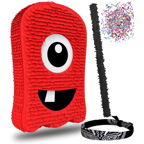 Halloween Pinata, Red Monster, Cute and Fun 17inch tall 4-piece Bundle for kids. Great for October birthday party decorations, Halloween Games and Spooky Party Supplies, fits 2lbs of candy