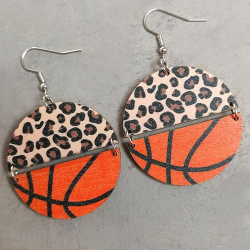 Sports Game Ball Football Basketball Wooden Leopard Print Drop Earrings for Women Holiday Round Baseball Soccer Volleyball Dangle Earrings Fans Players Jewelry-Basketball