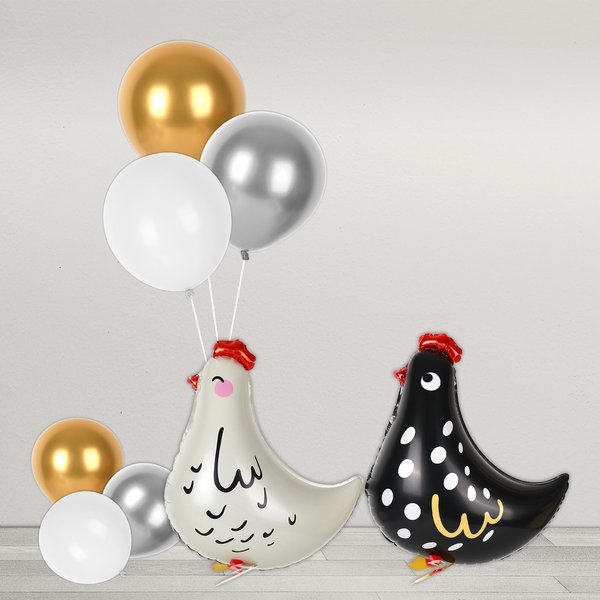JarThenaAMCS 30Pcs Walking Chicken Balloons White Black Animal Foil Balloons Funny Farm Hen Balloon Kit for Pet Farmhouse Party Decor Backdrop Supplies