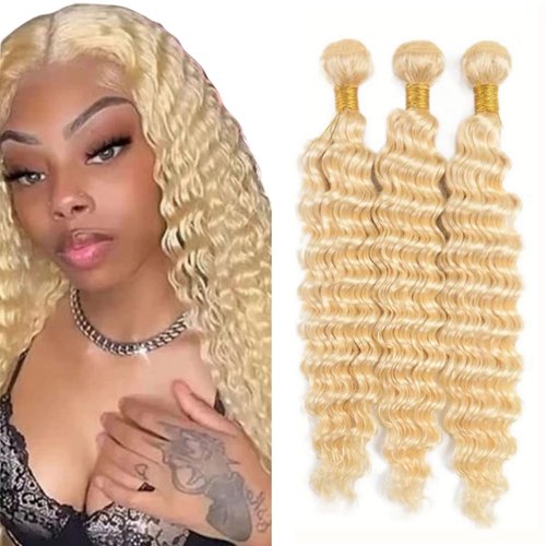 Deep Wave Human Hair Bundles 613 Blonde Human Hair Bundle 3 Bundles Human Hair 14 16 18Inch 100% Unprocessed Brazilian Virgin Hair Bundles Deals Deep Wave Human Hair Extensions(613-DP-14 16 18Inch)