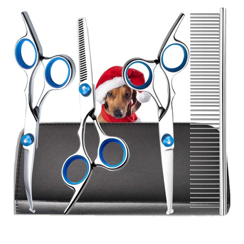 SUMFREY Dog Grooming Scissors with Safety Round Tips，Professional 5 in 1 Dog Grooming Kit ，Dog Scissors for Grooming Sharp and Durable