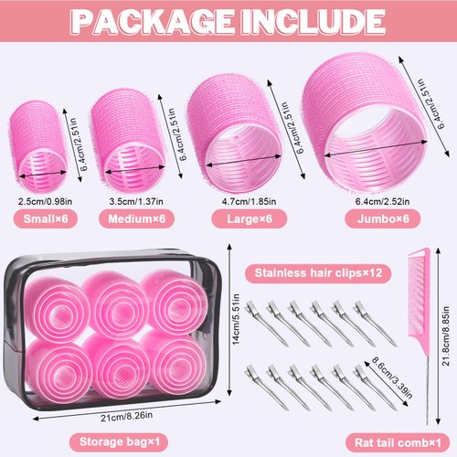 Rollers Hair Curlers, IKOCO 4 Sizes Hair Rollers Set Includes 60mm 48mm 36mm 25mm Self Grip Hair Roller for Long Hair Short Bangs with 12Pcs Roller Clips, Clear Toiletry Bag and Rat Tail Comb