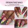 24Pcs French Tips Press on Nails for Art with Tropical Flower Design, Glossy Yellow French Medium Almond Acrylic False Nails Gel Glue on Nails Flower Full Cover Fake Nails Stick on Nails for Women