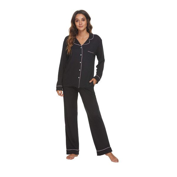 HEARTNICE Womens Pajama Set, Soft Long Sleeve Pajamas & Long Pants with Pockets, Warm Button-up Sleepwear Lightweight Lounge Pjs (Black-L, L)