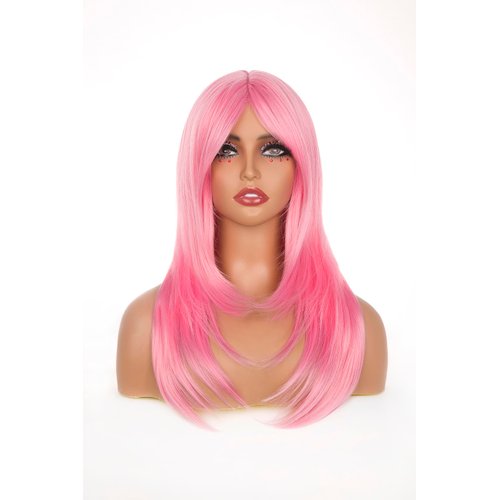 sechnall 22 Inch pink Long Straight Wigs with Bangs Synthetic Heat Resistant Wigs Layered Wigs for girls Natural Touch Adjustable Cap Perfect for Parties Cosplay Daily Use wigs for women