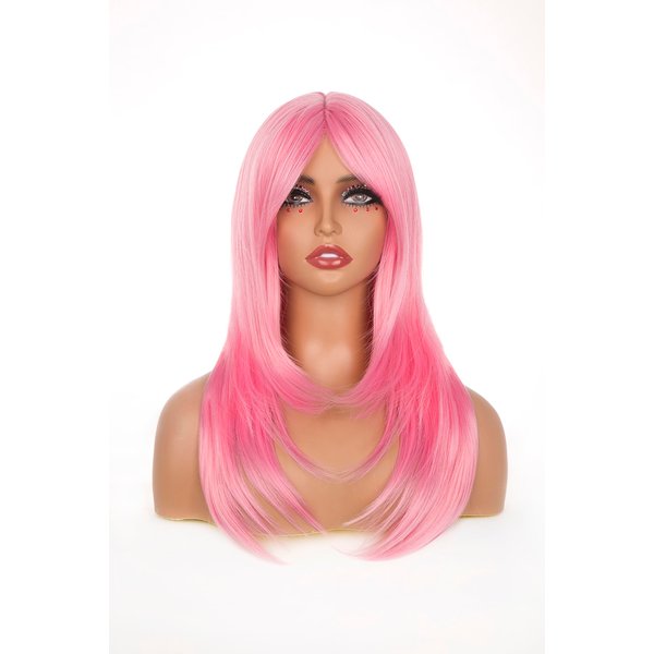 sechnall 22 Inch pink Long Straight Wigs with Bangs Synthetic Heat Resistant Wigs Layered Wigs for girls Natural Touch Adjustable Cap Perfect for Parties Cosplay Daily Use wigs for women
