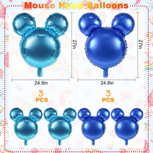 6 Pcs Mouse Head Balloons, 24'' Mouse Mylar Balloon Jumbo Mouse Head Aluminum Foil Balloons for Birthday Party Decorations Baby Shower Supplies Party Favors (Blue2)