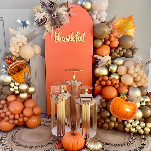 Fall Thanksgiving Balloon Arch Kit 143PCS Little Pumpkin Balloons Burnt Orange Maple Leaves Pine Cones Foil Balloons for Thanksgiving Harvest Friendsgiving Baby Shower Birthday Party Decorations