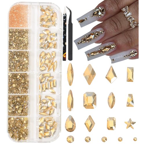 HNUIX Champagne Gold Nail Rhinestones Kit Flatback Nail Charms Glass Gems Stones 1450Pcs Nail Art Gems Diamonds Jewels Multi Shapes Sizes Nail Charms Tweezer & Wax Pen for Nails DIY Faces Eyes Makeup