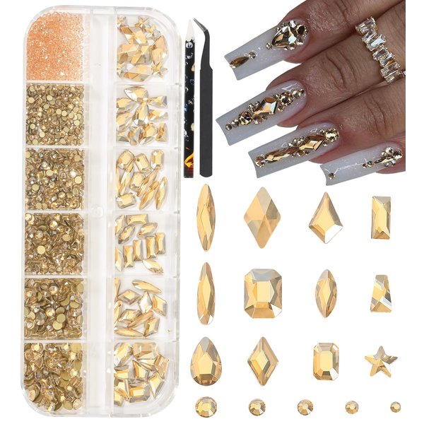 HNUIX Champagne Gold Nail Rhinestones Kit Flatback Nail Charms Glass Gems Stones 1450Pcs Nail Art Gems Diamonds Jewels Multi Shapes Sizes Nail Charms Tweezer & Wax Pen for Nails DIY Faces Eyes Makeup