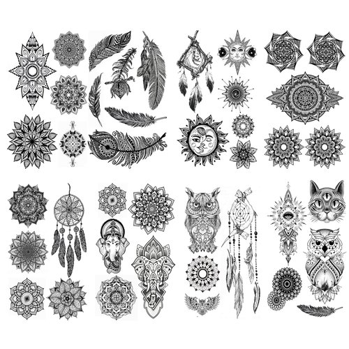 Kotbs 8 Sheets Black Henna Tattoos, Realistic Temporary Tattoos for Women Girls, Lace Mehndi Mandala Lotus Feather Dreamcatcher Pattern Fake Tattoo