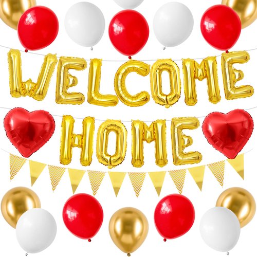 Welcome Home Decorations Red Gold,Welcome Home Foil Balloon Banner with Red Heart Balloons Pennant Flag Bunting for Baby Shower Home Family Party Supplies