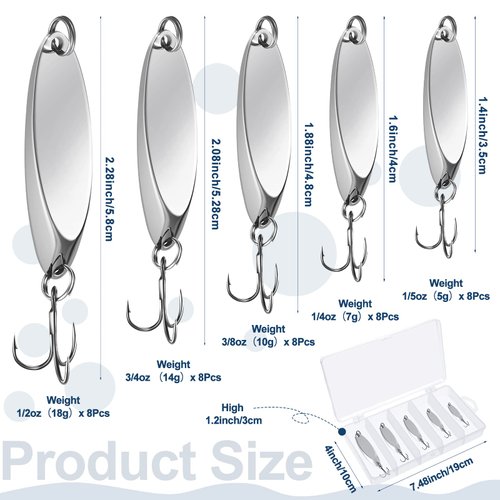 HESTYA 20 Pieces Fishing Lures Fishing Spoons Saltwater Treble Hooks Lures Hard Metal Spinner Baits 5 Sizes Casting Spoon Lures for Salmon Bass in 1/5 oz 1/4 oz 3/8 oz 1/2 oz 3/4 oz (Silver)