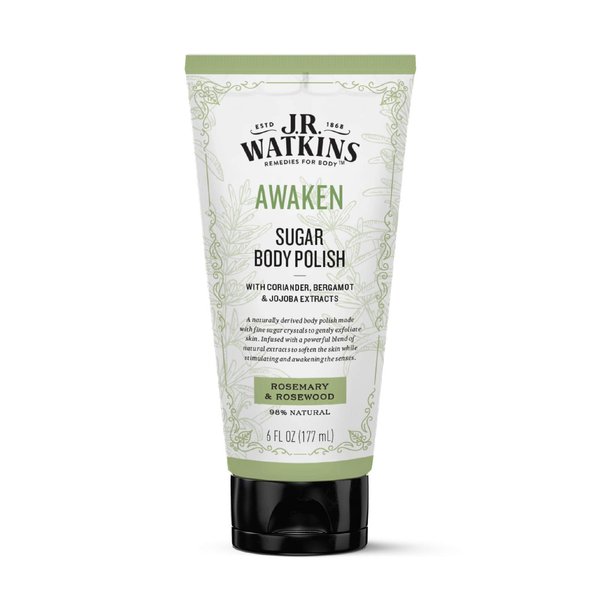 J.R. Watkins Awaken Sugar Body Polish, Rosemary & Rosewood Natural Body Scrub Cleanses, Softens & Stimulates Senses, 6 oz
