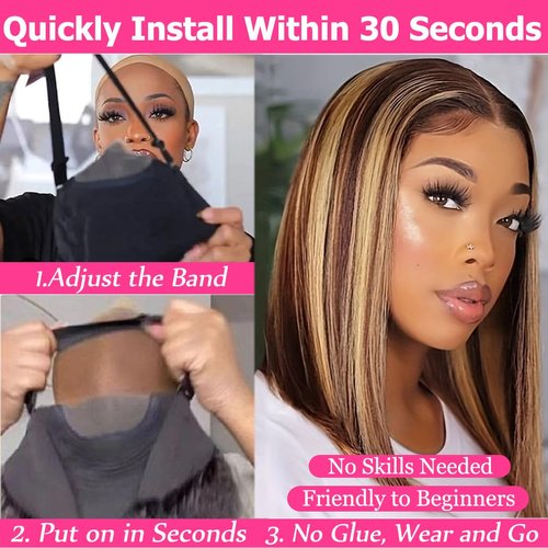 Ombre Highlight Glueless Bob Wig Human Hair Pre Plucked Pre Cut Blonde 4/27 Wear and Go Short Straight Bob Lace Front Wigs for Black Women 4x4 HD Transparent Lace Cloure Wigs 180 Density 10 Inch