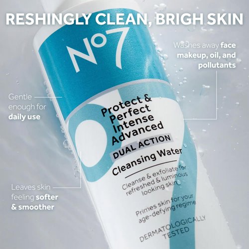 No7 Protect & Perfect Intense Advanced Cleansing Water - Dual Action Facial Cleanser + Makeup Remover - Cleansing Facial Water + Natural AHA Exfoliant for Smoother, Brighter Skin Hydration (6.7oz)