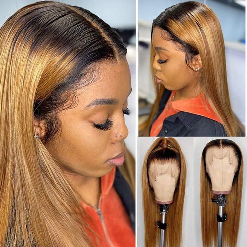Pre Plucked HD Ombre Lace Front Wigs Human Hair with Baby Hair Colored Black to Strawberry Blonde Silky Straight 13x6 Blonde HD Transparent Lace Front Wigs for Women 18" 150% Density