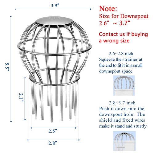 Gutter Guard 3 Inch 304 Stainless Steel Filter Strainer Fits for 2.6" ~ 3.7" Round Downspout, Stops Leaves Seeds and Other Debris Gutter Cleaning Tool – 4 Pack