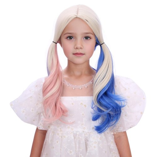 Edivd Pink and Blue Wig for Kids Girls Long Blonde Mixed Pink Blue Wavy Curly Wig Children Pink B...