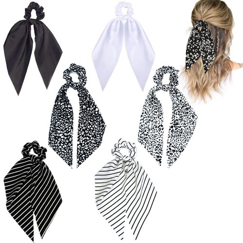 Hair Scarf Scrunchie Ties Black and White Hair Ribbon Ties Fashion Chiffon/Silk Ponytail Holder w...