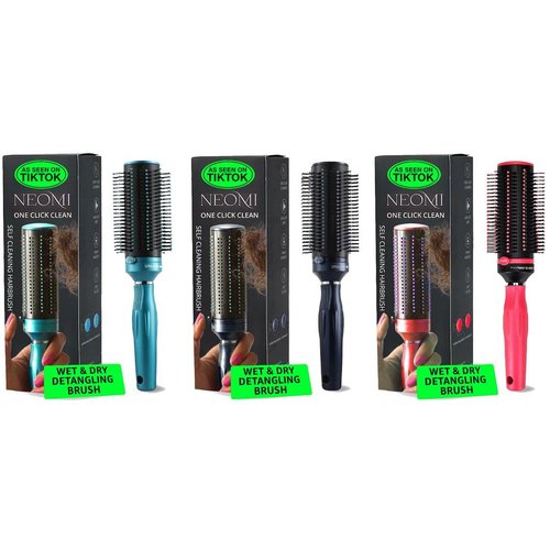 Set of 3 Self Cleaning Hair Brushes for Women Men - Detangler Brush Round Brush for Blow Out - Roller Retractable Hairbrush for Curly Straight Wet or Dry - Navy, Blue & Pink