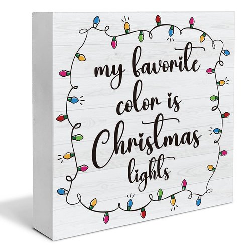 Christmas Signs, My Favorite Color is Christmas Lights Wooden Sign Decor, Farmhouse Christmas Wooden Block Sign, Indoor Christmas Decor for Table Shelf 5 x 5 Inch
