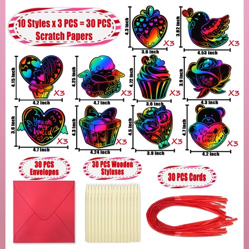PARTYWIND Valentines Cards for Kids, 30 Pack Scratch Art Paper Crafts for Kids School Classroom Exchange, Valentine's Day Cards with Envelopes, Valentines Party Decorations Supplies Favors