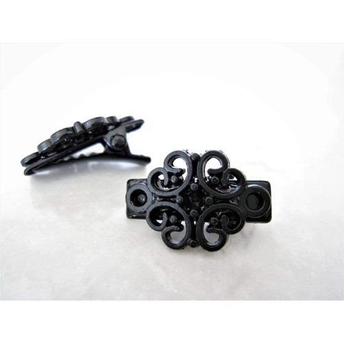 Set of 2 extra tiny small black filigree metal alligator hair clip for fine (Primary color: Silver)
