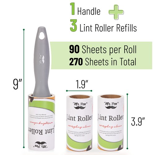 Mr. Pen- Lint Rollers, 1 Handle with 3 Refills, 270 Sheets, Extra Sticky Lint Remover for Clothes, Lint Roller for Pet Hair, Pet Hair Roller, Sticky Roller, Lint Roller for Clothes, Lint Removers